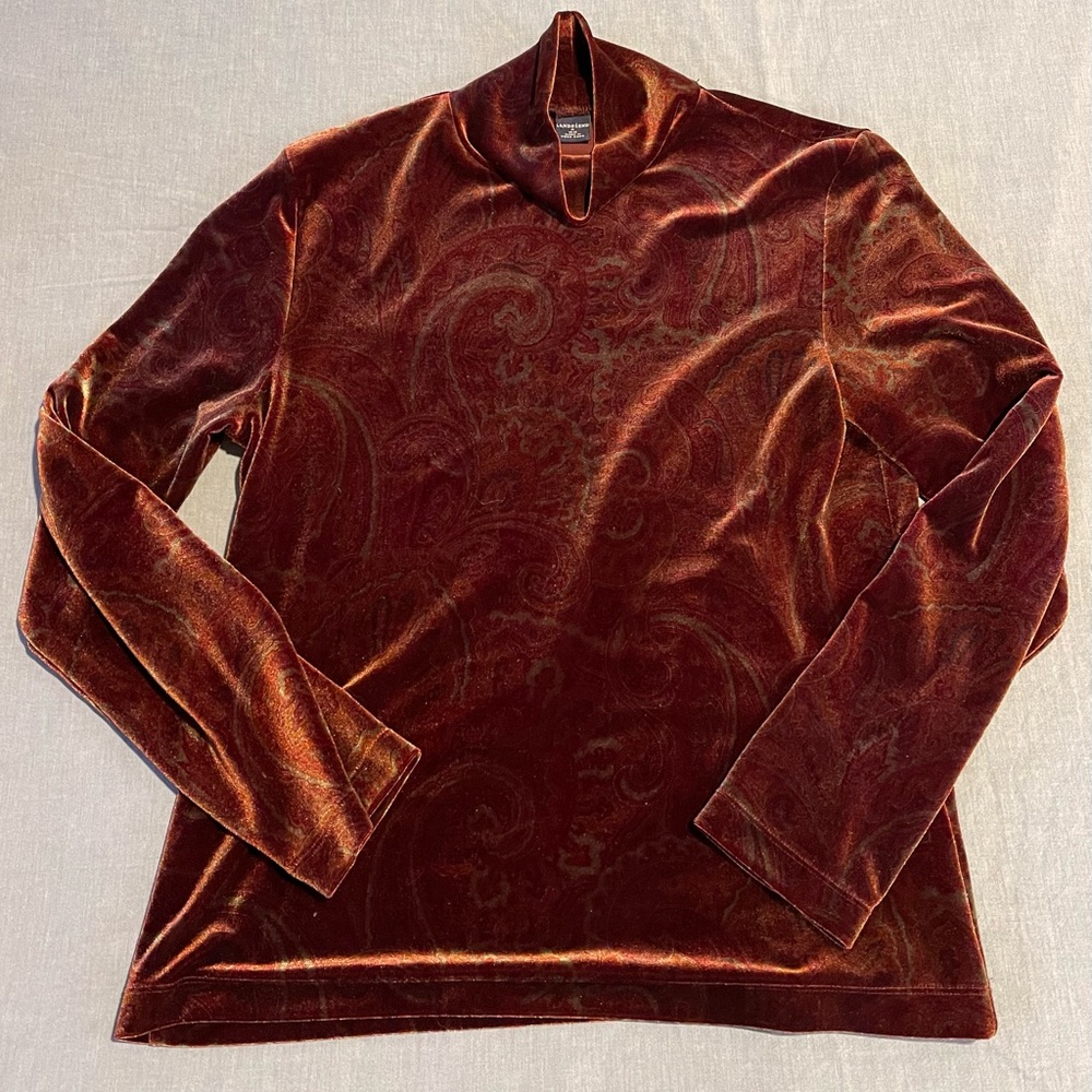 Lands’ End Burnt Orange Velvet Paisley Mock Neck Top M